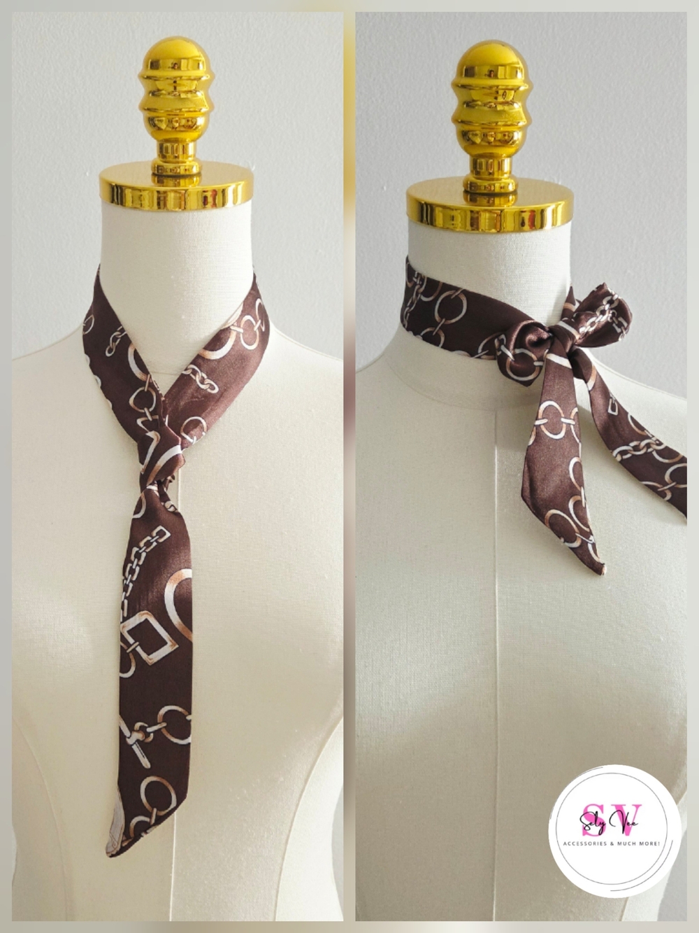 Brown scarf with beige chain-link pattern